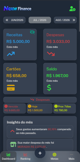 Tela inicial do Nexw Finance